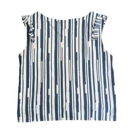 LUCCA Linen Navy Striped Ruffle Shoulder Sleeveless Top Resortwear Minimalist M - Picture 3 of 9